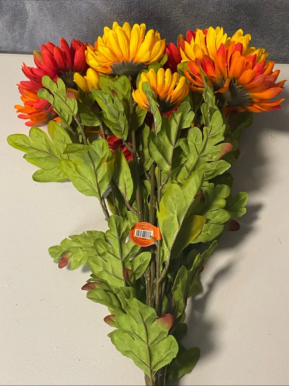 NWT Faux Mum Bouquet, 12+ Stems of Orange, Red and Yellow Chrysanthemums